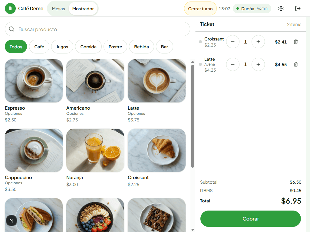 Mostrador con ticket abierto en tableta